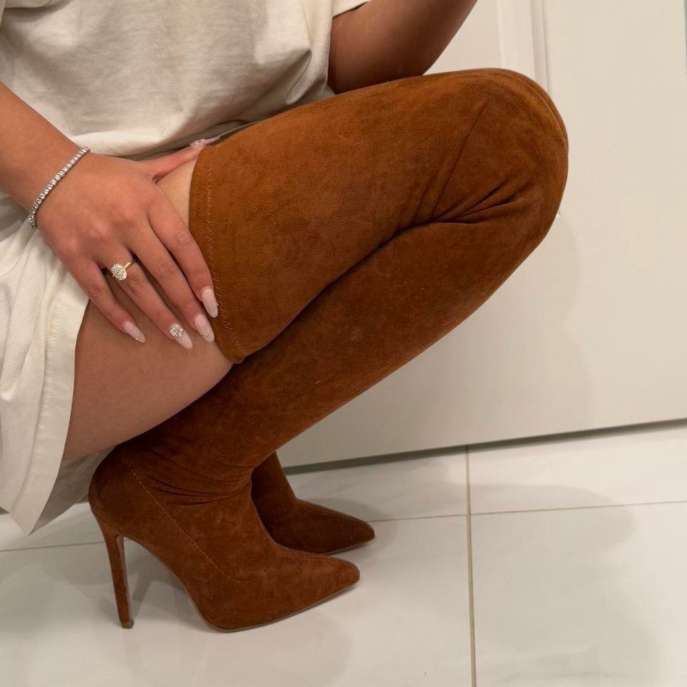 Miss Lola Brown Over the Knee faux leather Boots